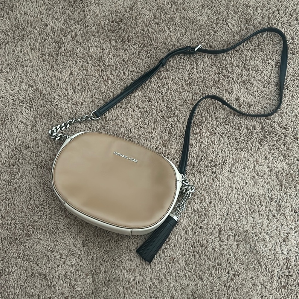 Lightly used tan, black and cream Michael Kors shoulder bag with silver accents